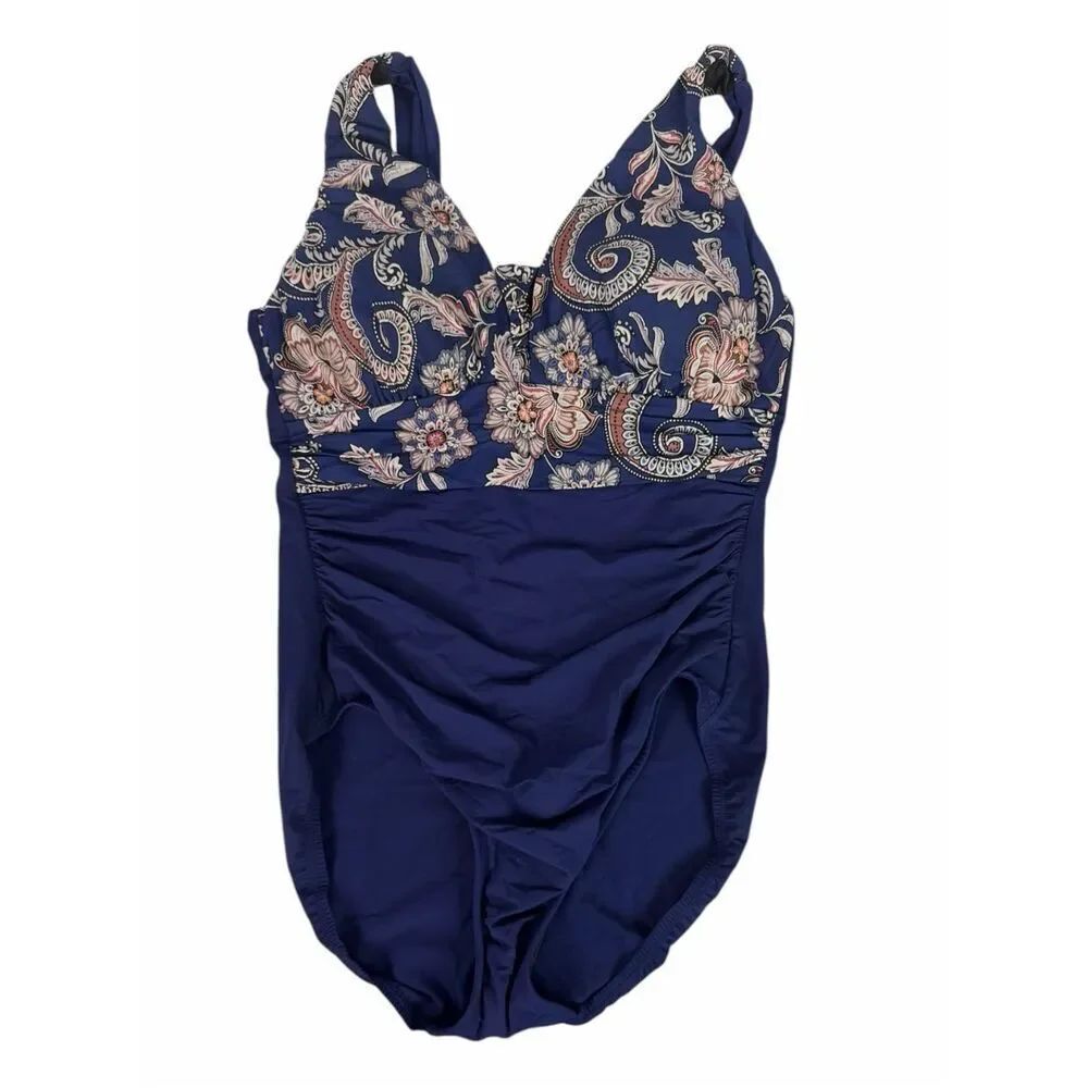Lands’ End Womens Slimming SlenderSuit Blue Paisley Floral Print Swimsuit 10DD